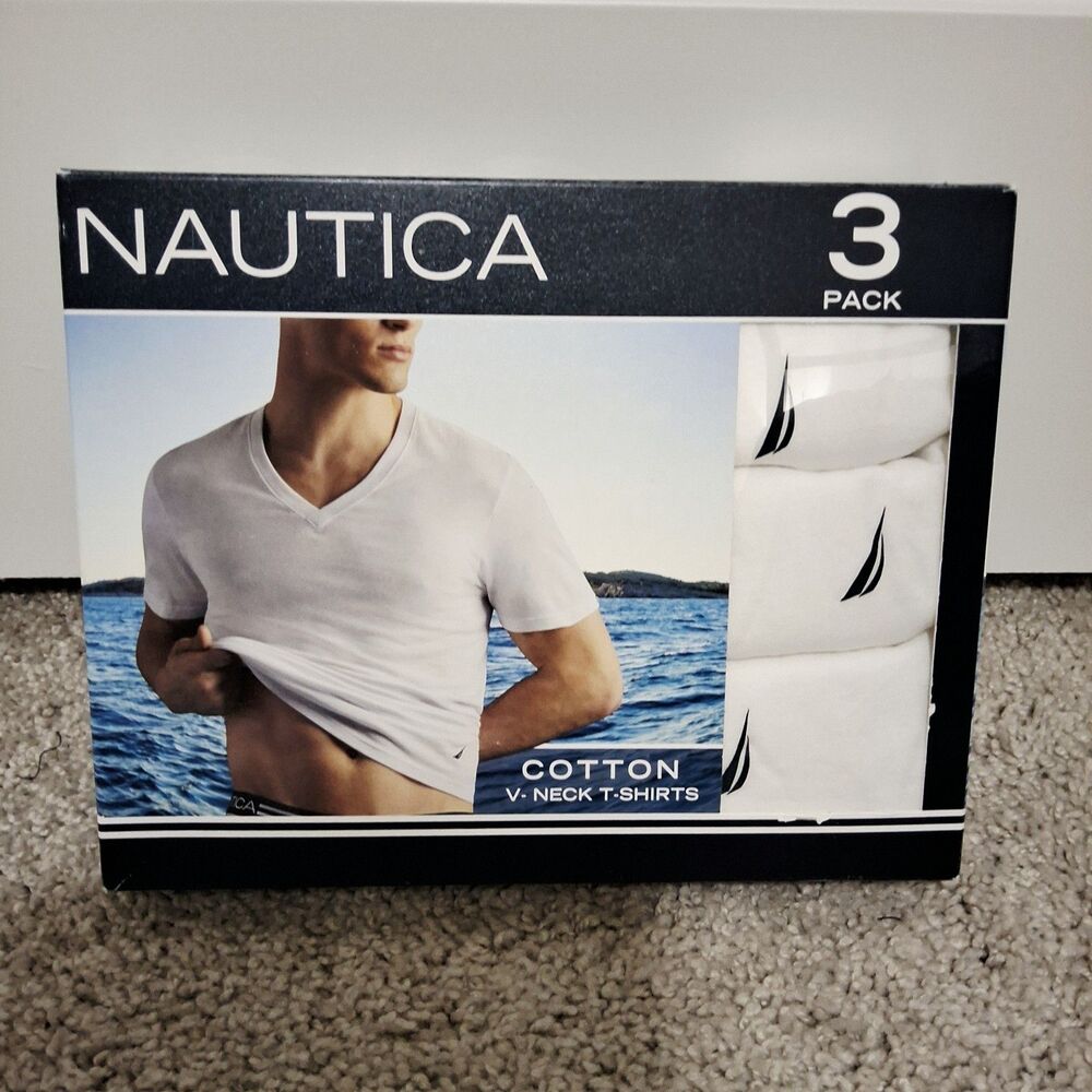 Nautica Men’s 3 Pack V-Neck Logo SuperSoft White T-Shirts Size Medium New w/Tag